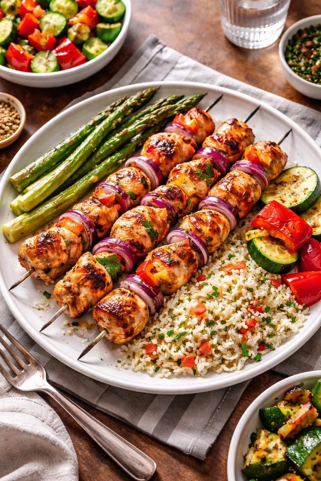 Plate with chicken skewers, rice pilaf, and grilled vegetables