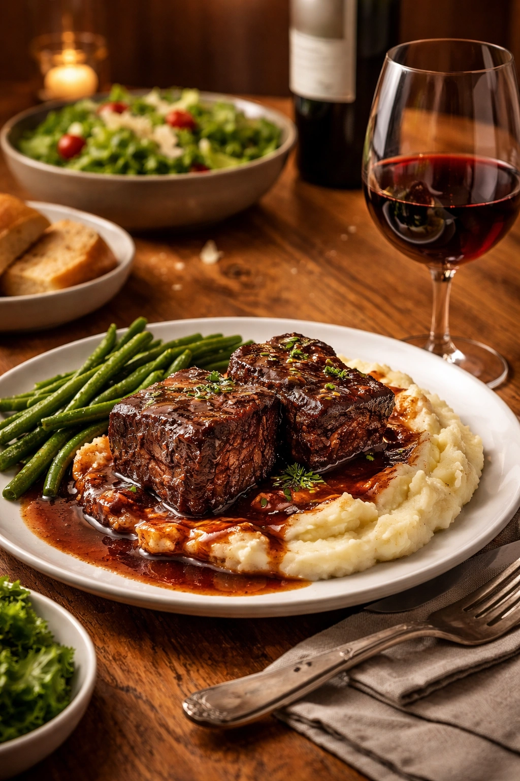Braised short ribs plated with mashed potatoes and a glass of red wine
