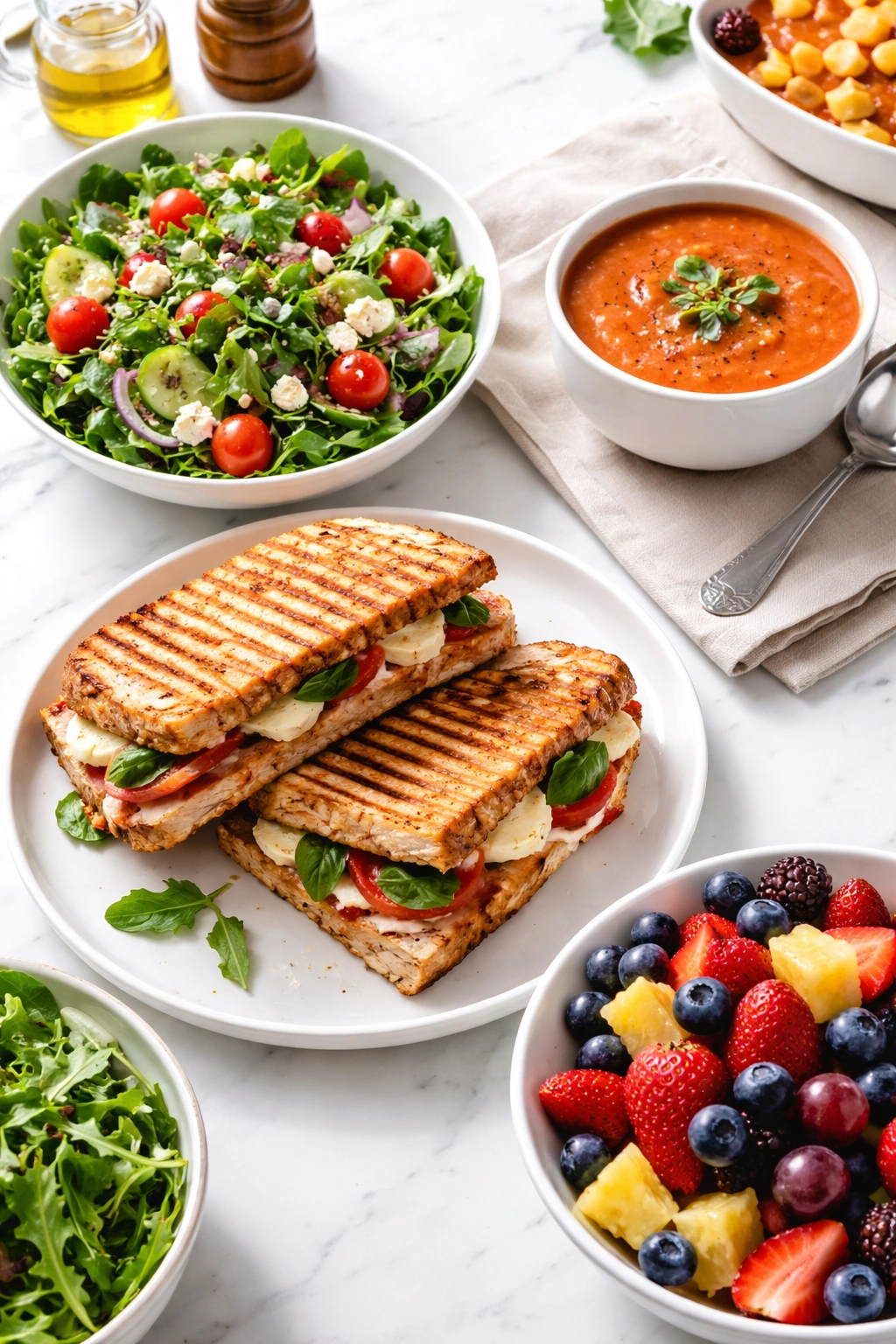 Assorted side dishes including salad, soup, and fresh fruit beside a plate
