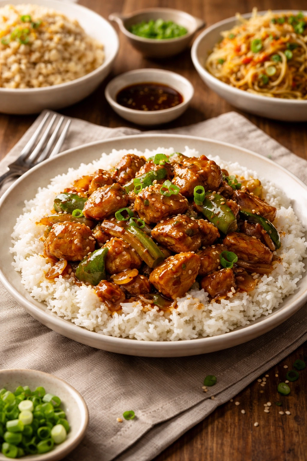 Plate of jasmine rice with pepper chicken and glossy sauce