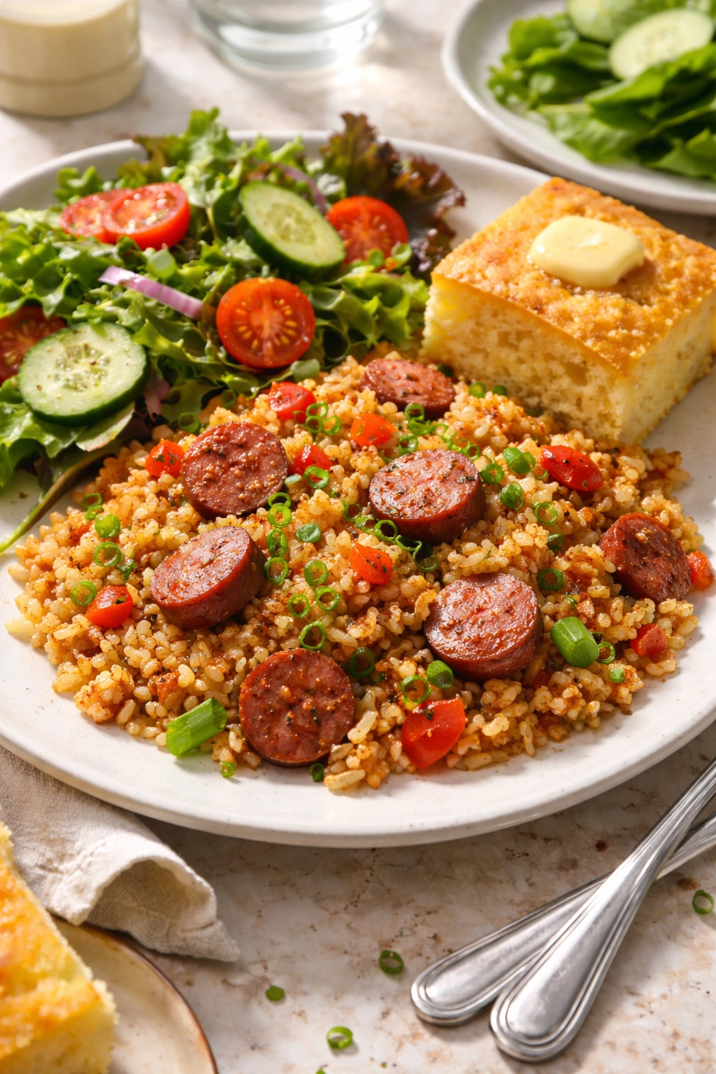 Plate of Cajun rice and sausage with salad and cornbread on the side