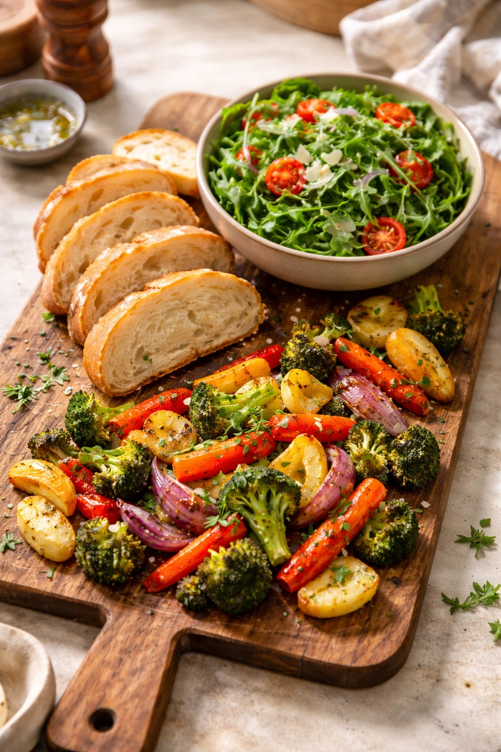 Assorted sides including arugula salad, bread, and roasted vegetables on a rustic board.
