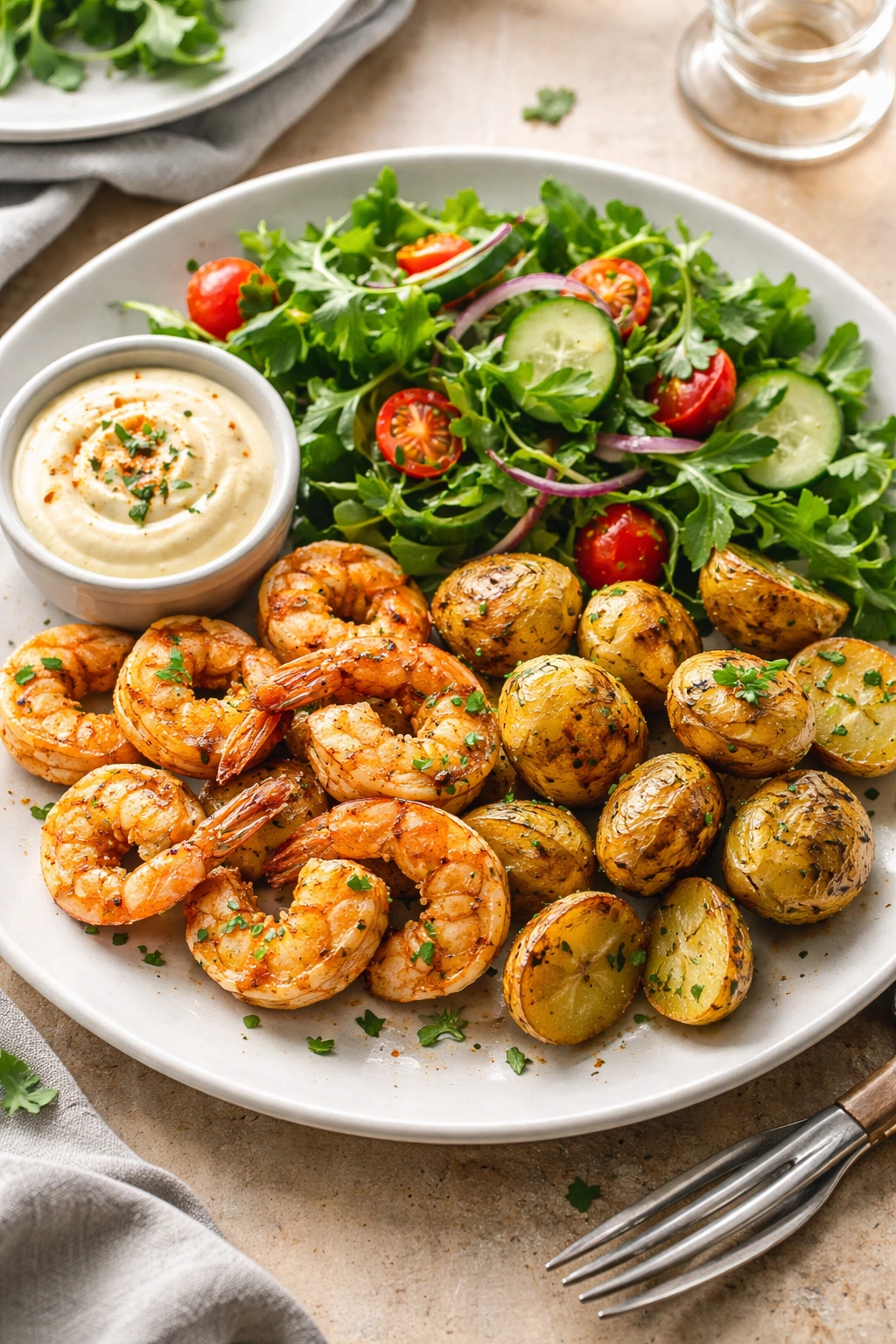 Shrimp and potatoes plate with green side salad and aioli