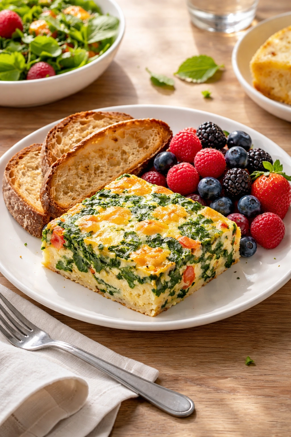 Plate with casserole slice, berries, and toast as sides