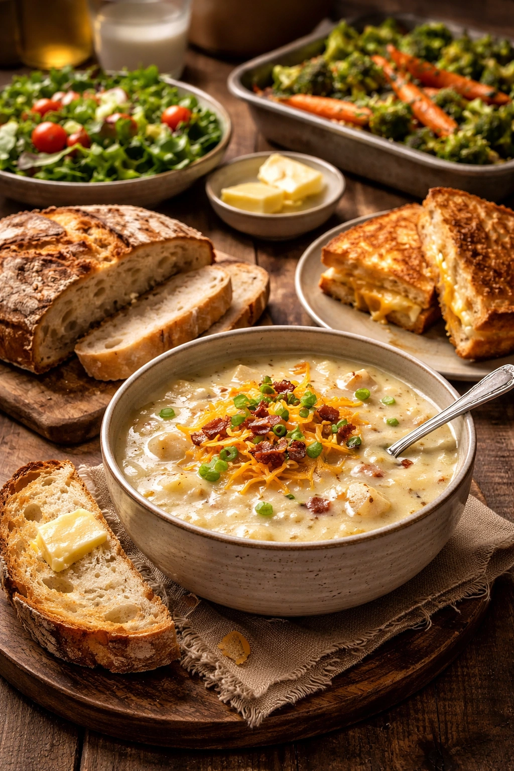 Potato soup served with crusty bread and grilled cheese