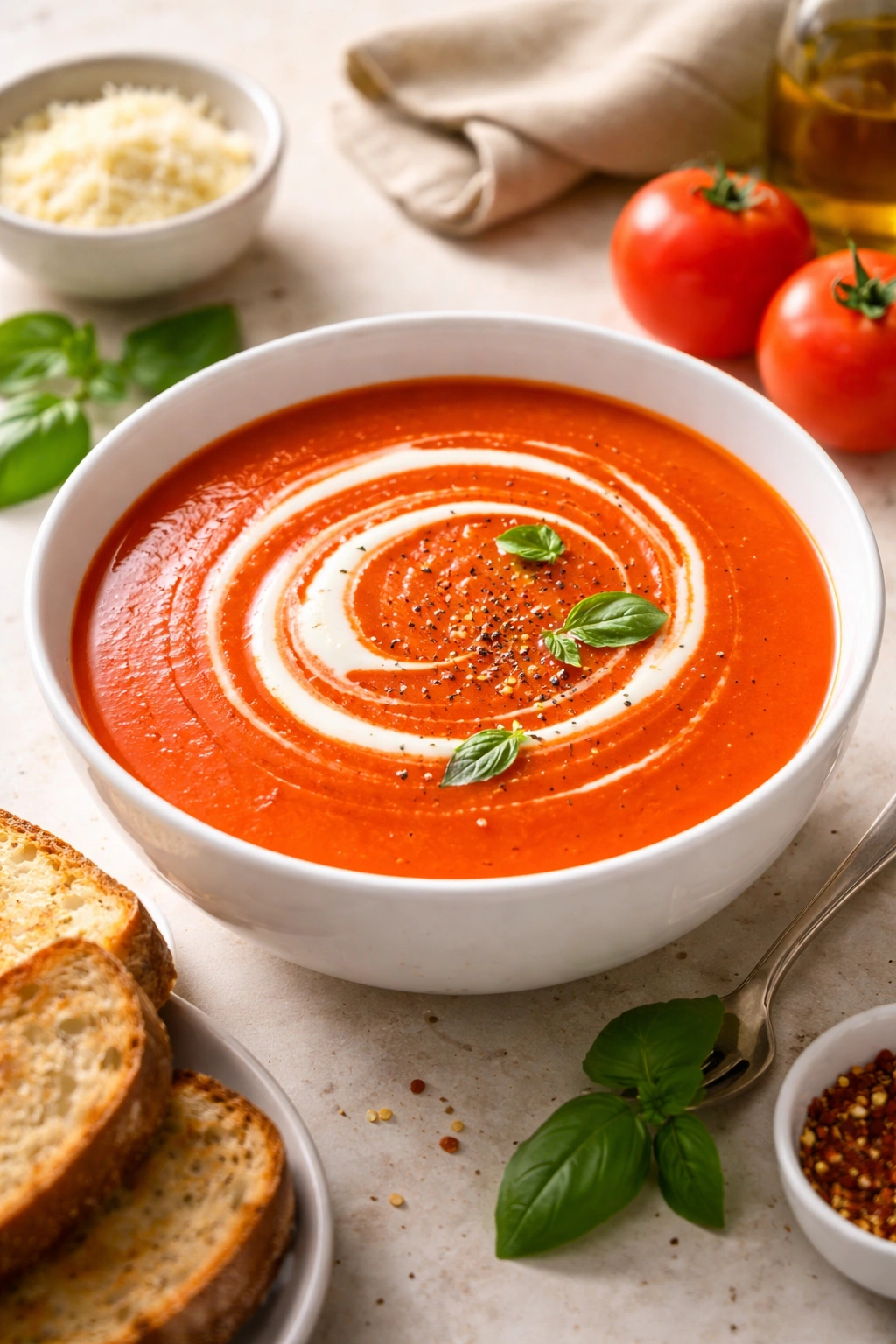 Close-up of silky tomato soup in a white bowl with a cream swirl
