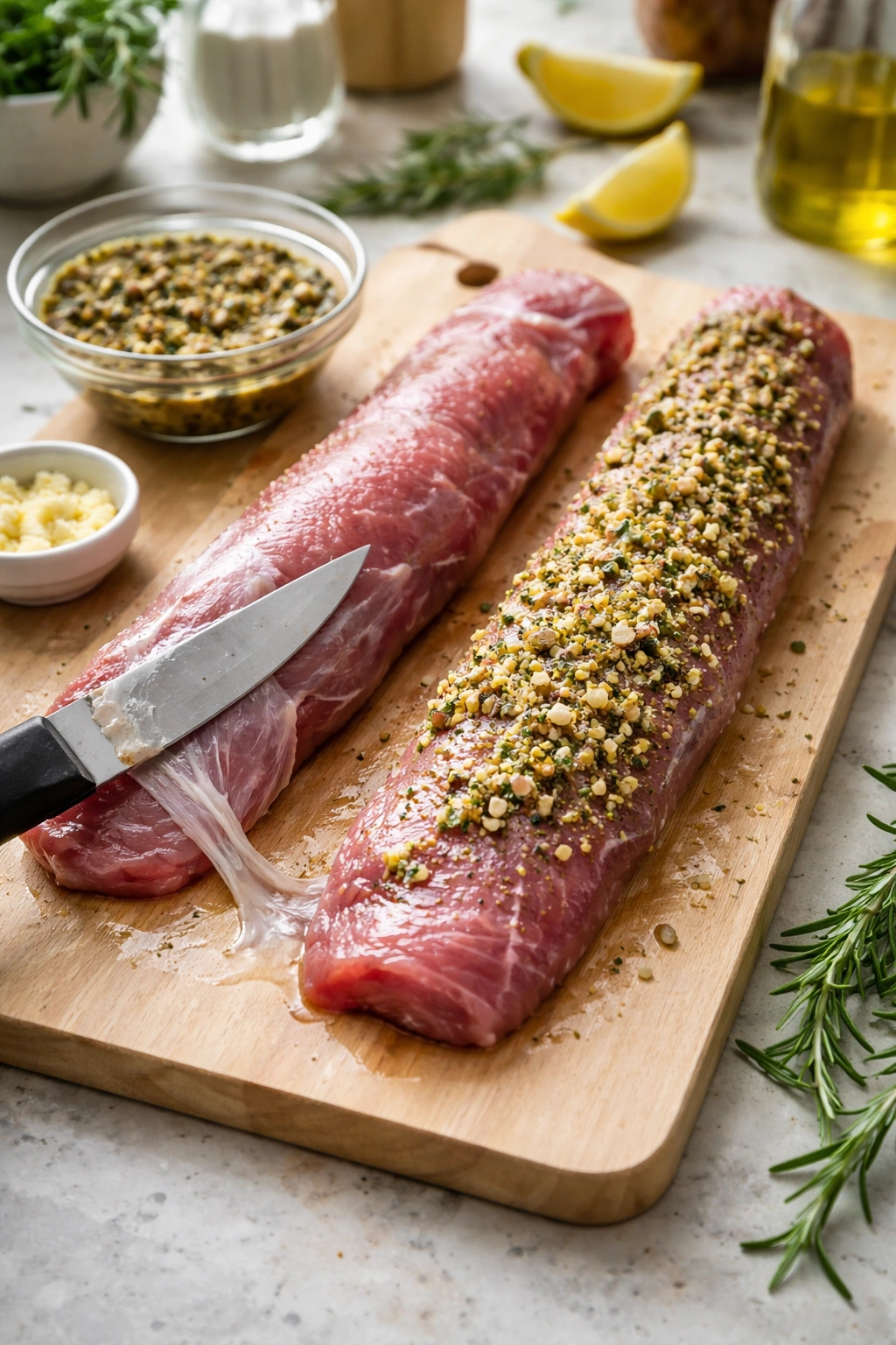 Pork tenderloin being trimmed and prepped