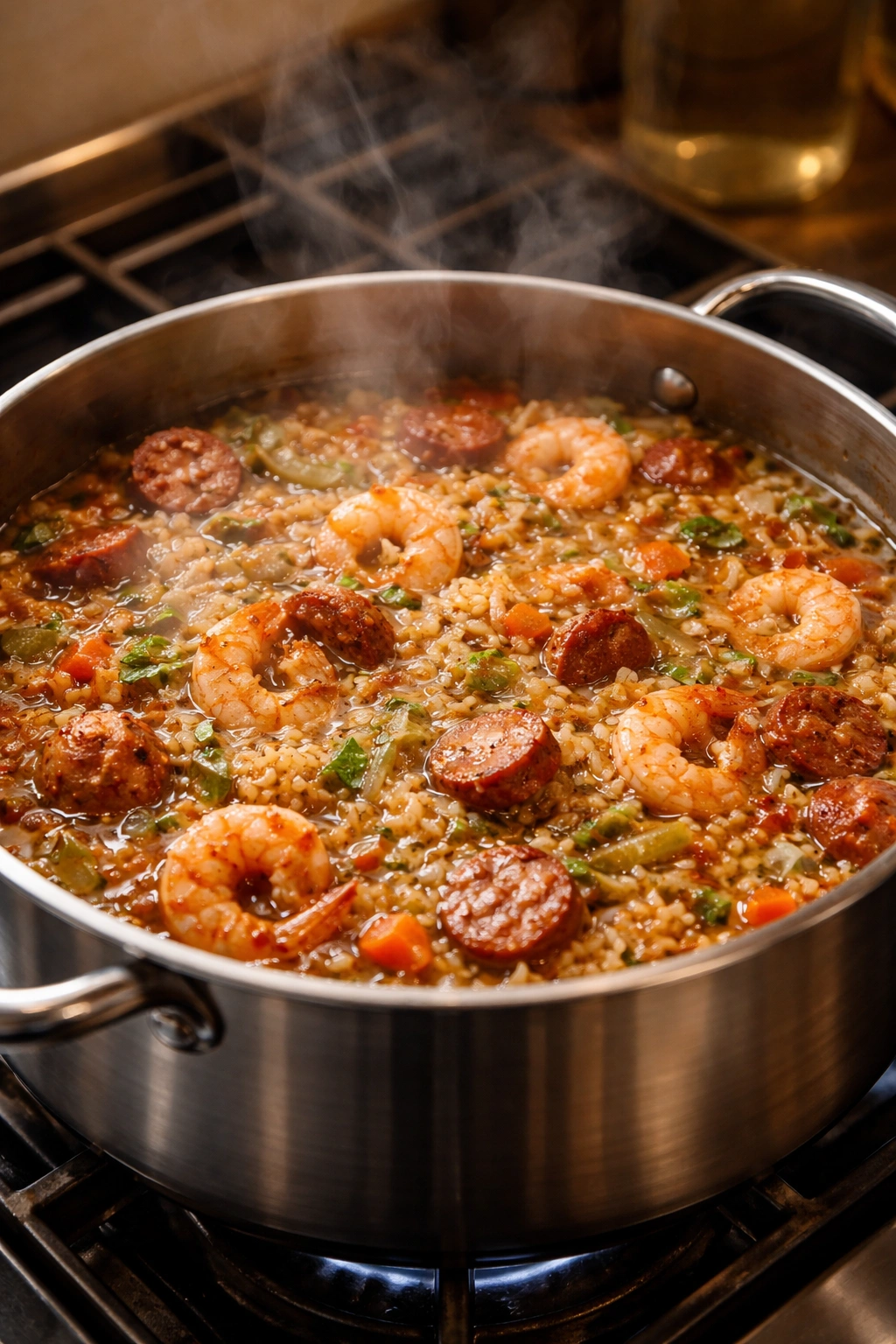 Simmering pot with bubbling liquid during the critical phase of cooking rice