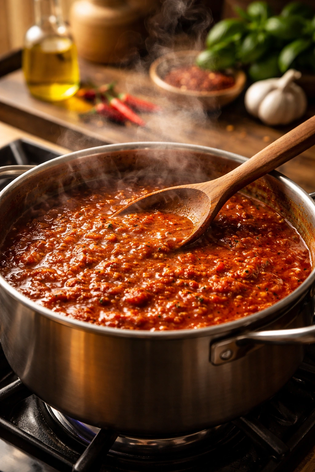 Simmering spicy tomato sauce in a pot on a stove