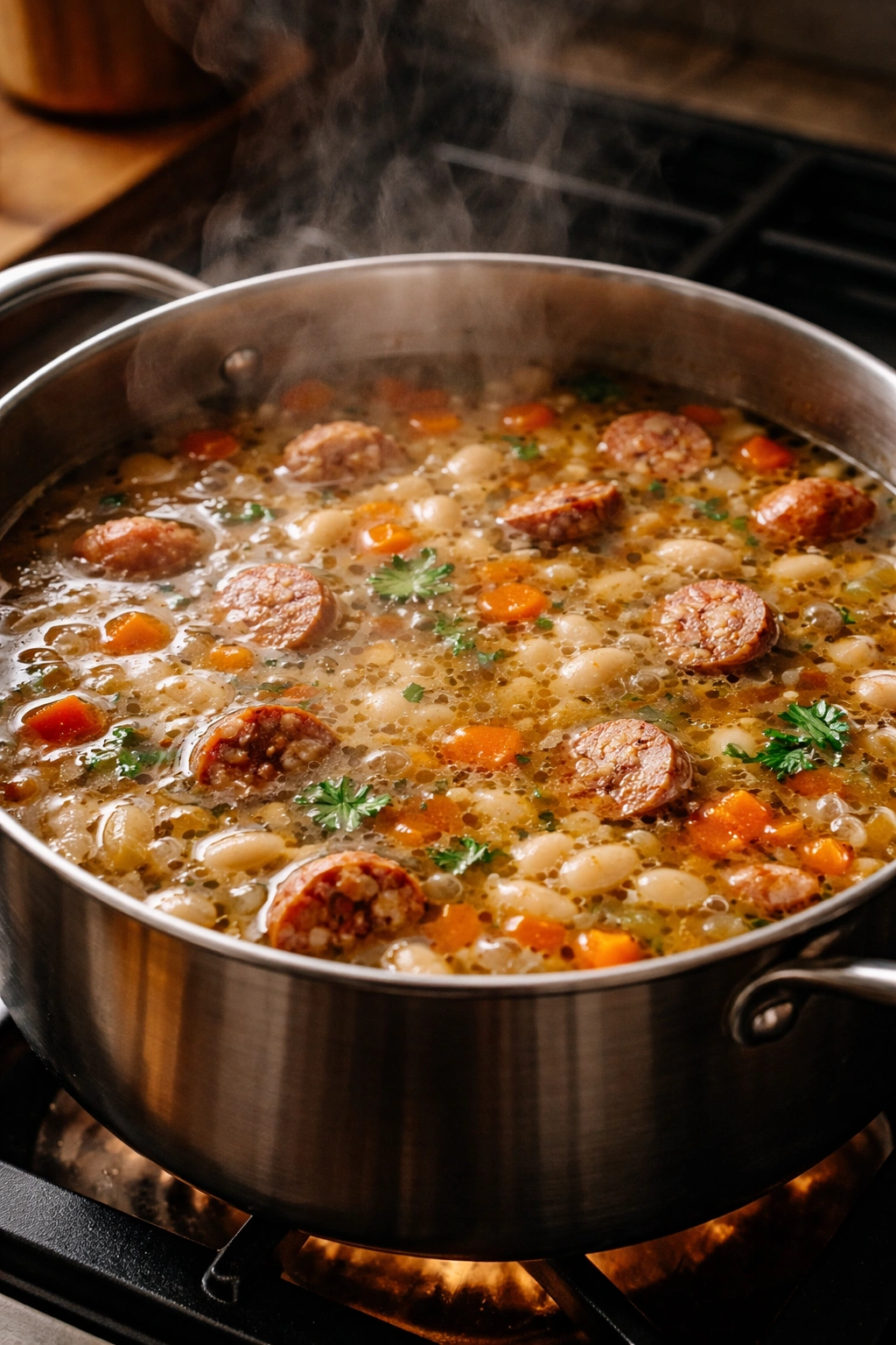 Pot of soup simmering with small bubbles and steam