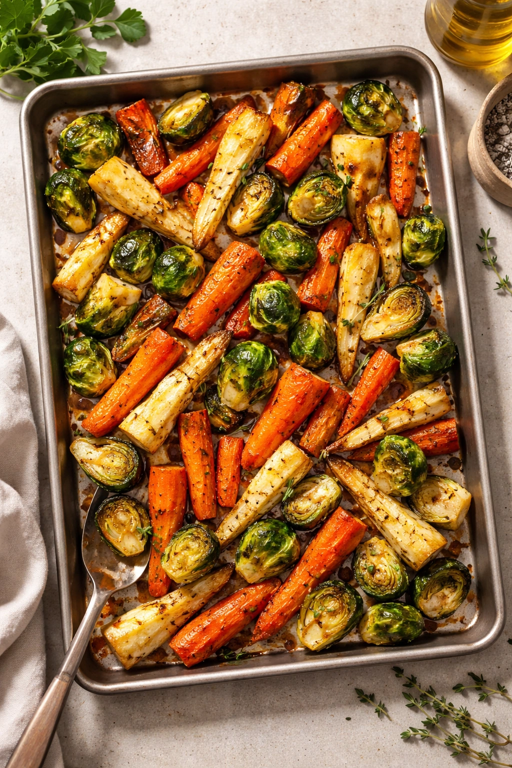Pan of simple roasted root vegetables with golden edges