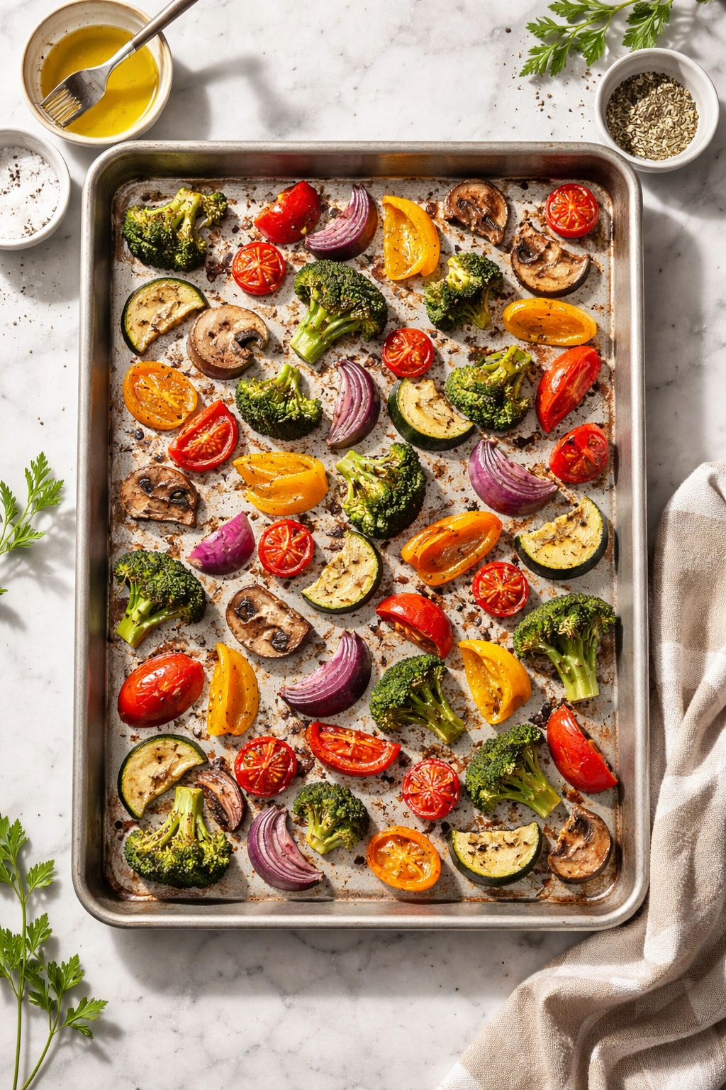 Top-down view of vegetables in a single even layer on a baking sheet