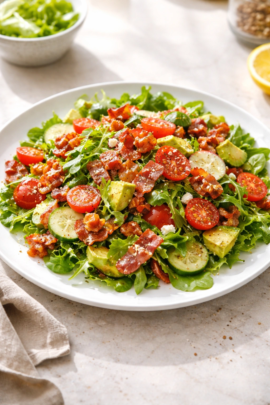 Single serving plated salad portion on white plate.