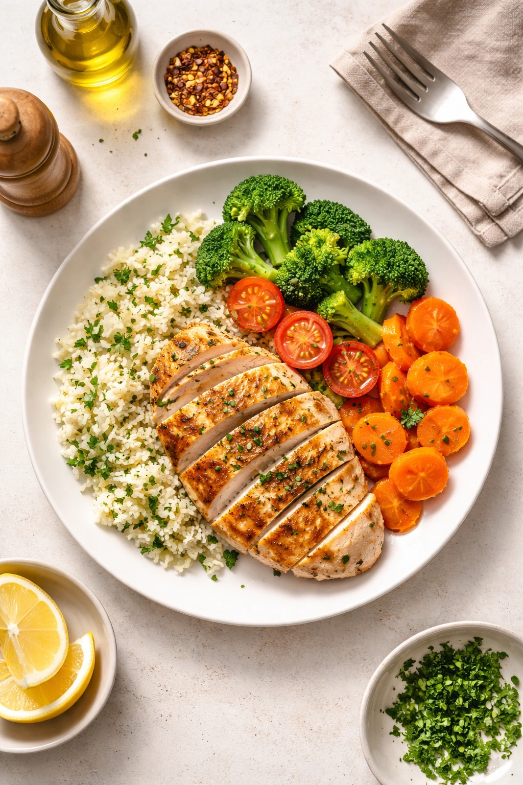 Single-serving plated dish focusing on portion control in a minimalist setting