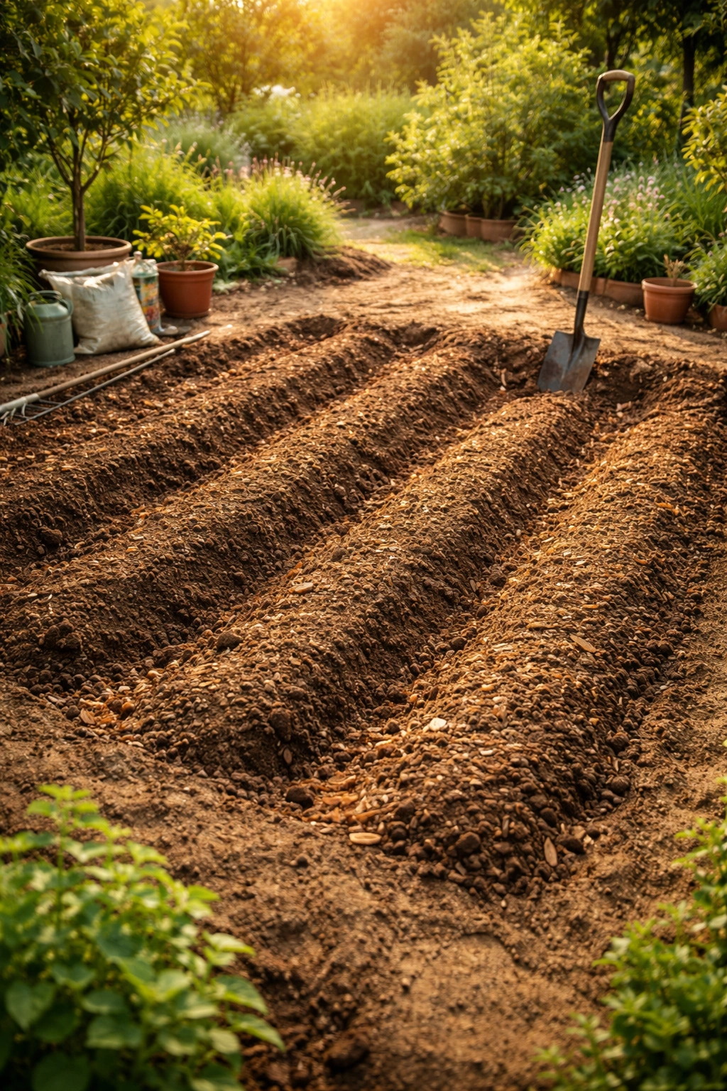 Sunlit garden bed prepared for planting with loose soil