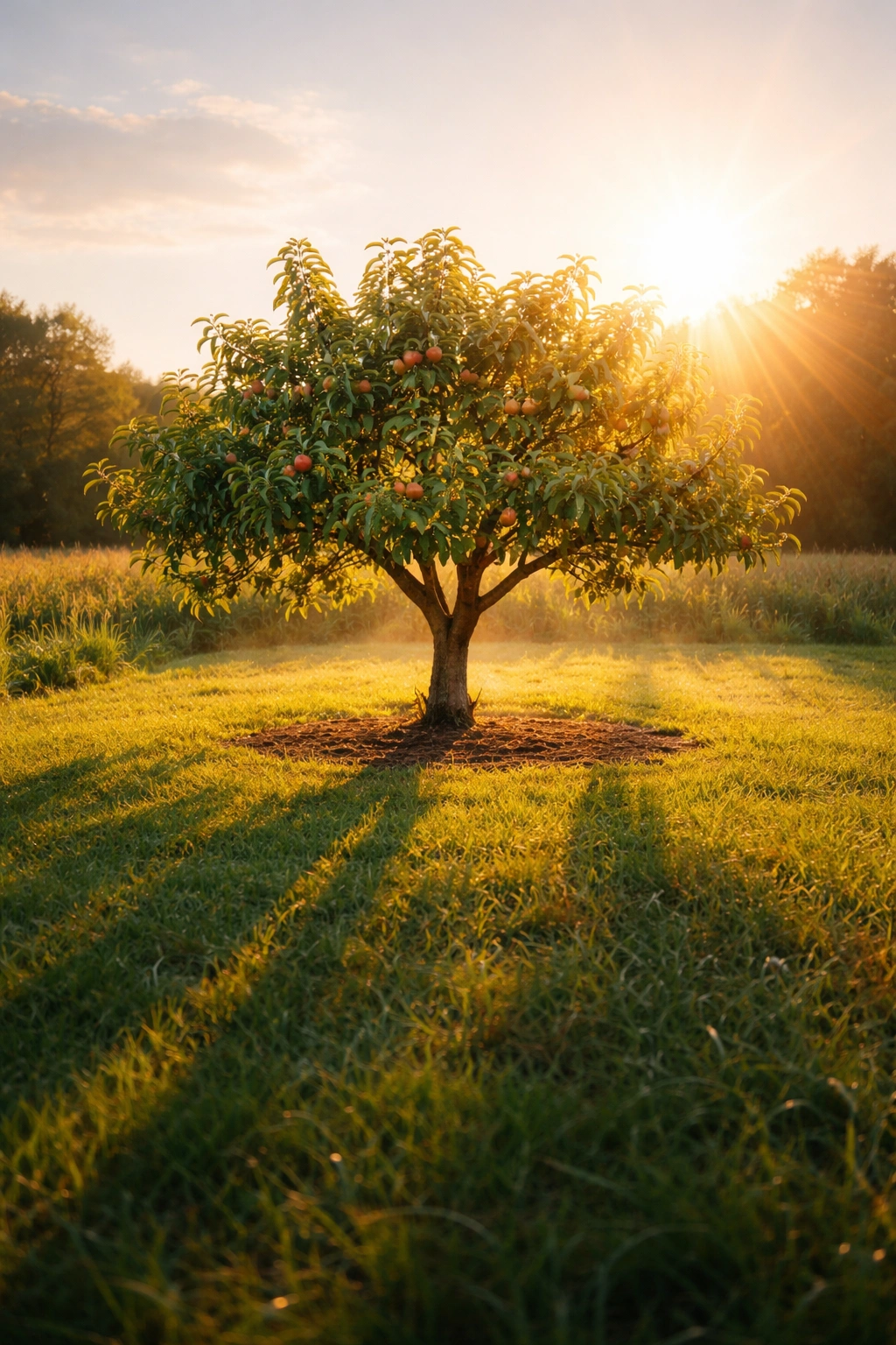 Single fruit tree in bright field with strong sun and long shadows illustrating sun exposure