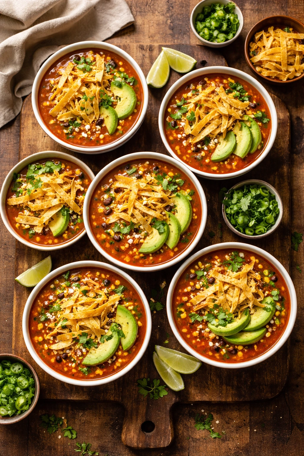 Six bowls of tortilla soup arranged for serving.