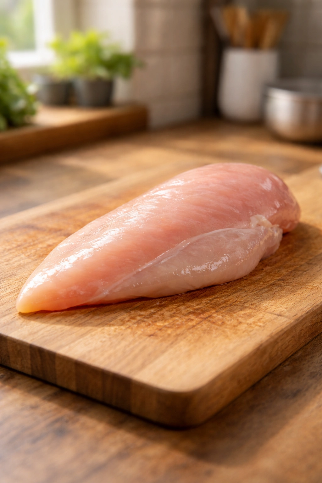 Chicken breast showing thickness variation on cutting board.