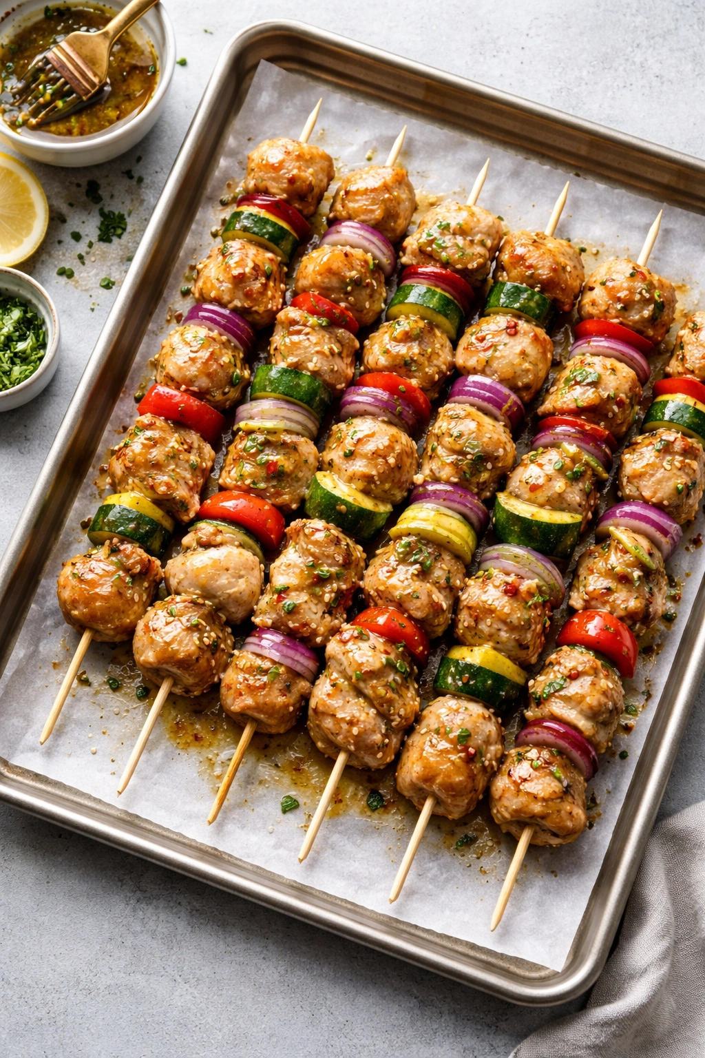 Marinated chicken skewers on parchment-lined sheet ready for refrigeration