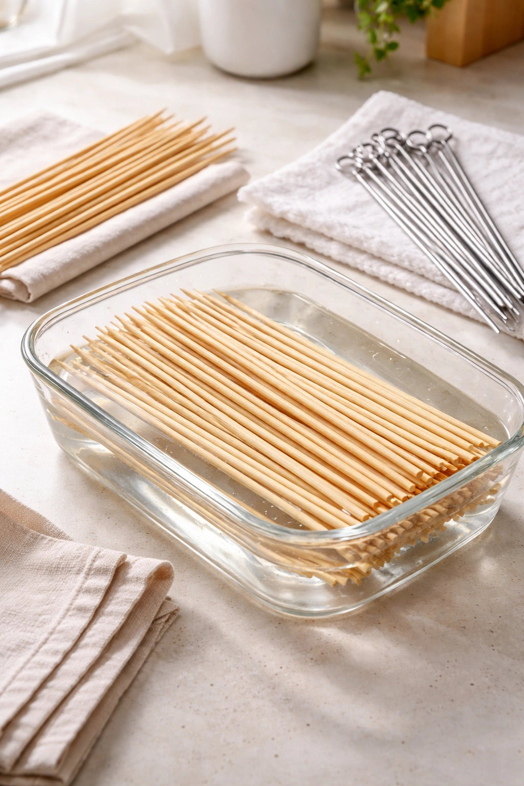 Wooden skewers neatly arranged, slight damp sheen suggesting soaking