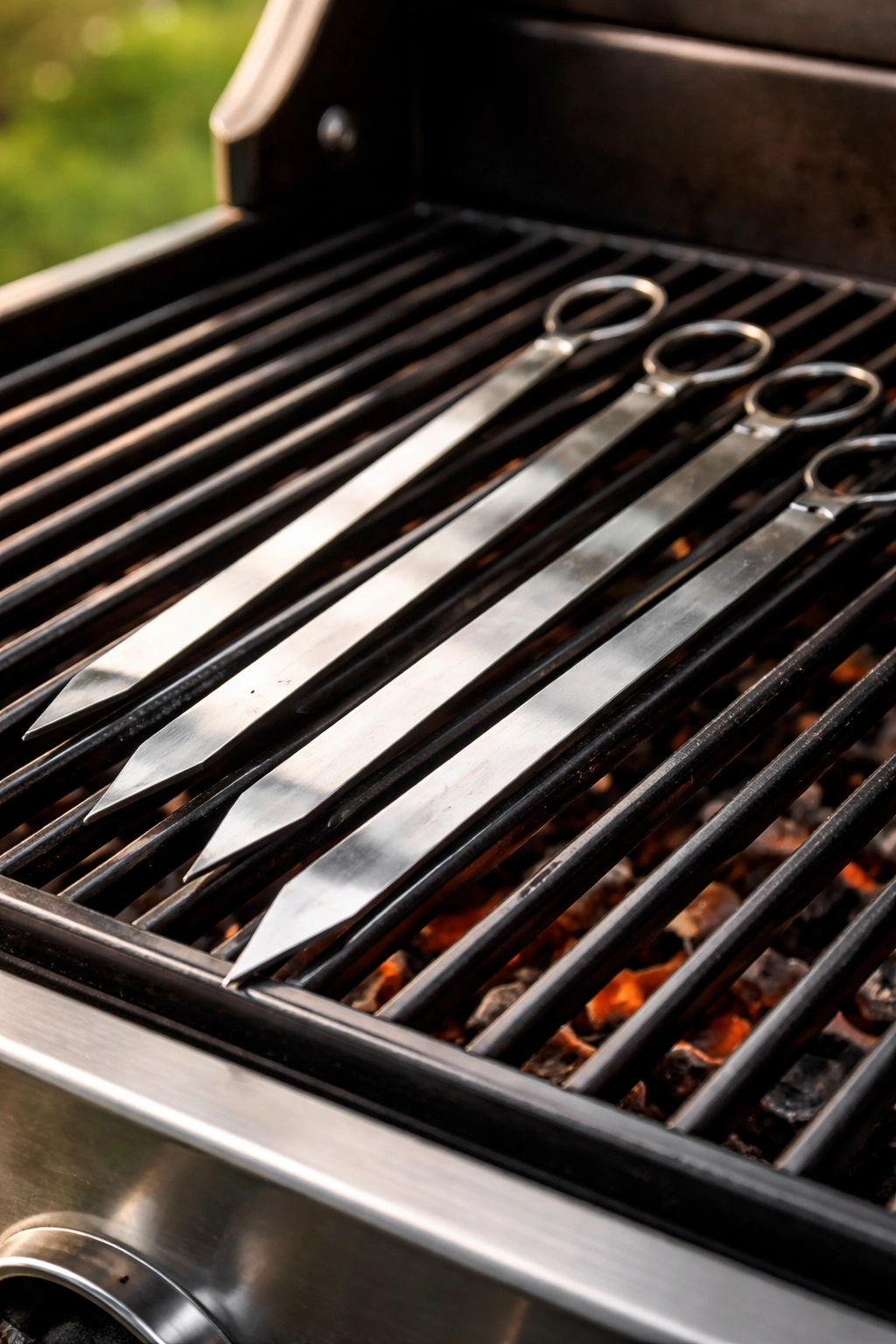 Stainless steel flat skewers on grill grate