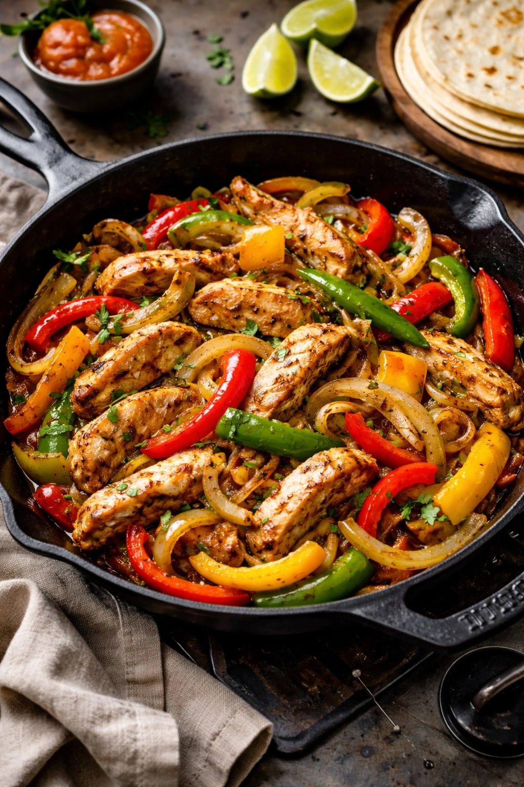 Skillet chicken fajitas with peppers and onions in a hot pan.