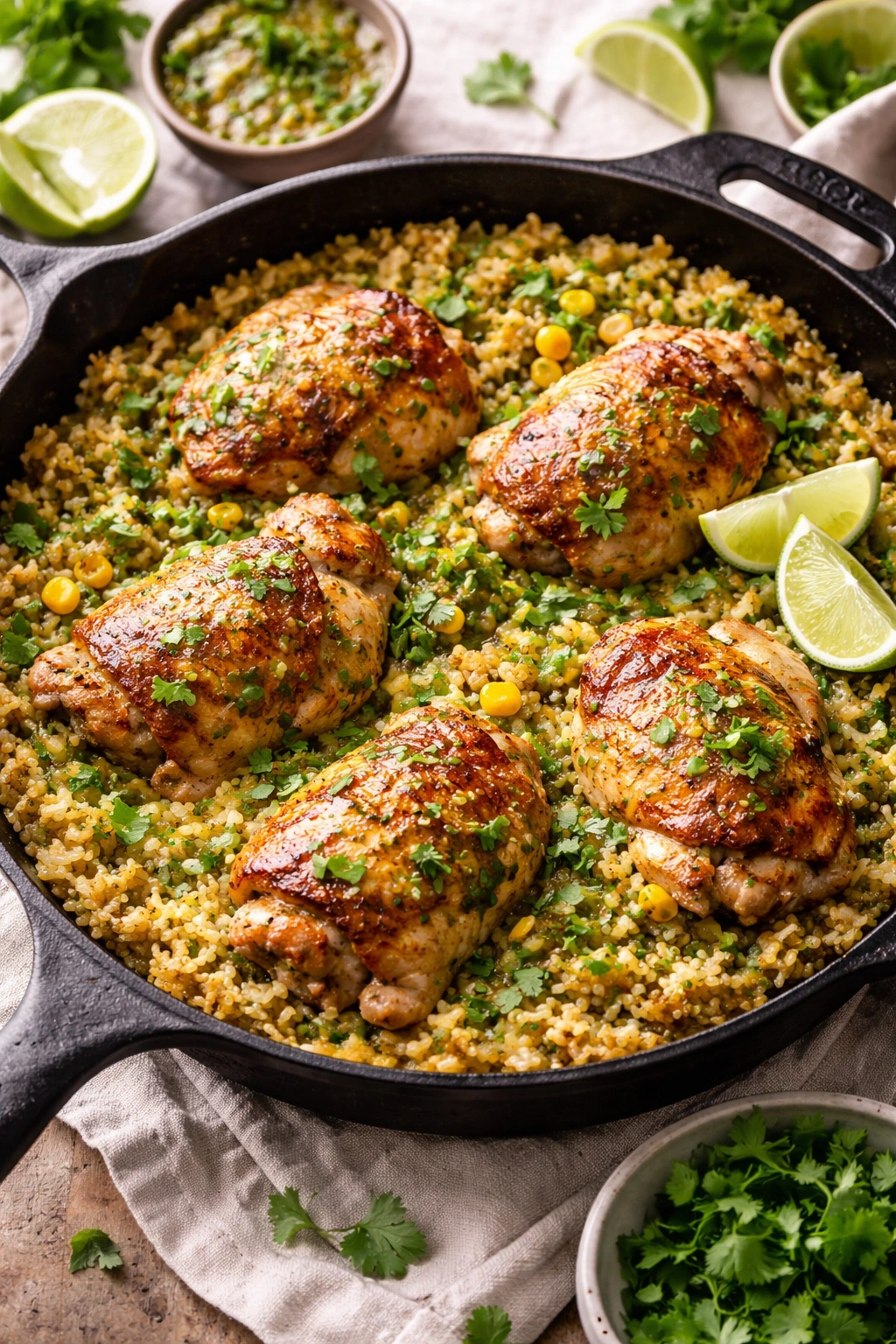 One-skillet chicken and rice with salsa verde in cast iron skillet