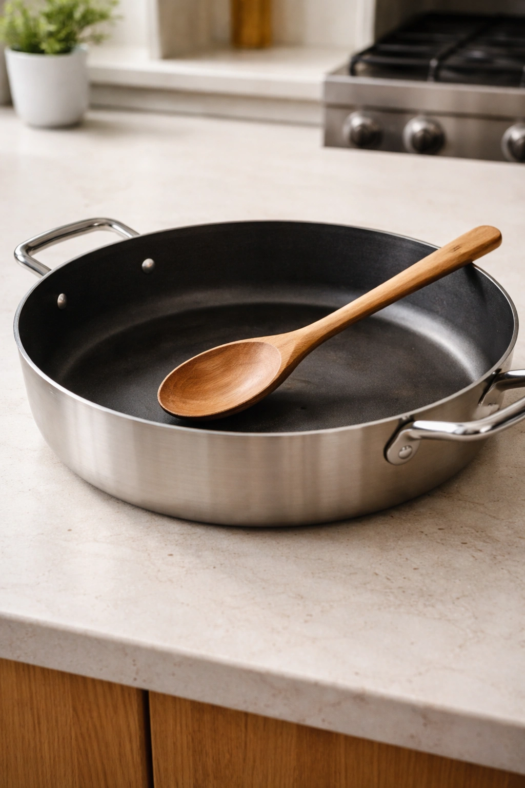 Large skillet and wooden spoon ready for browning beef
