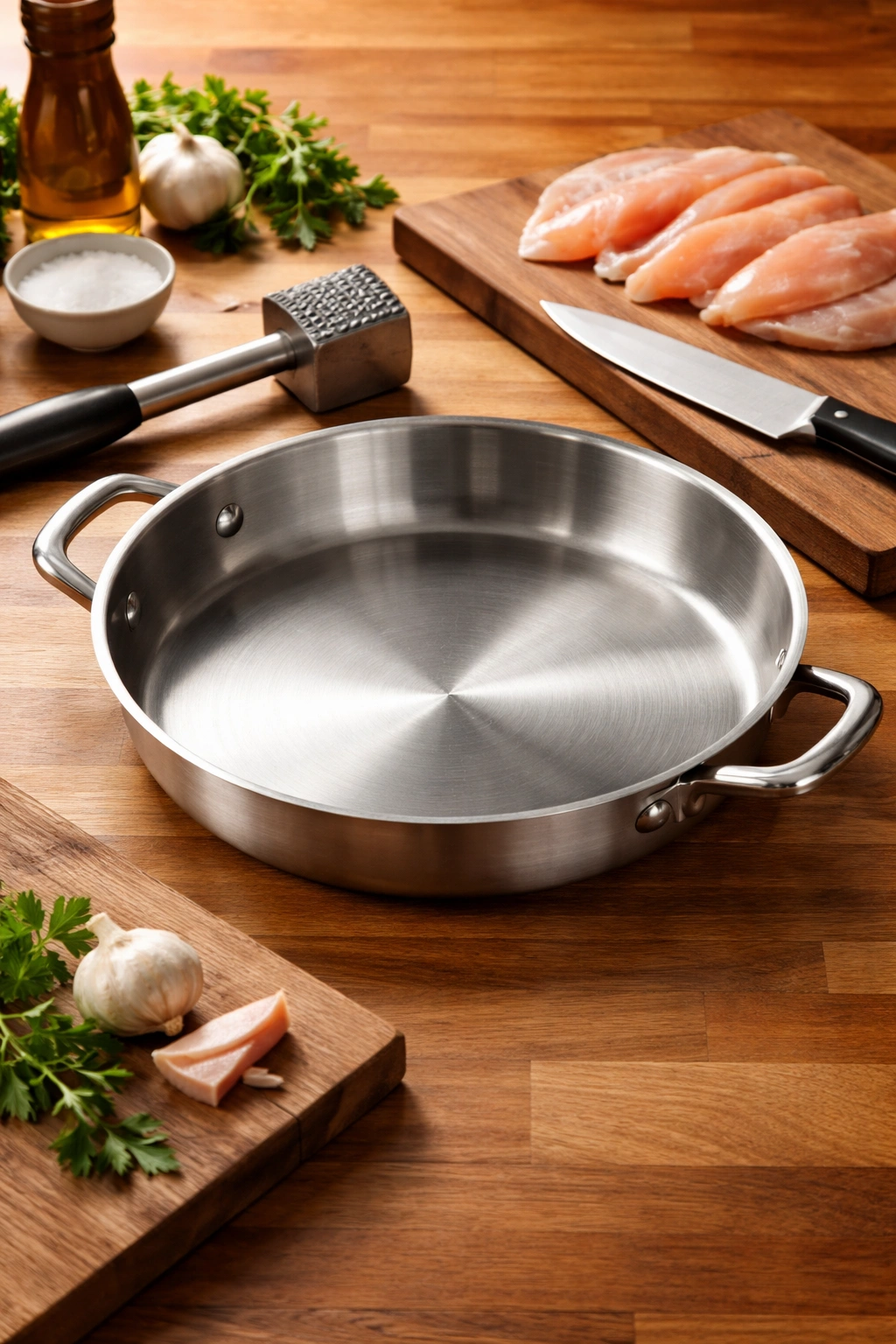 Skillet and essential kitchen tools on counter