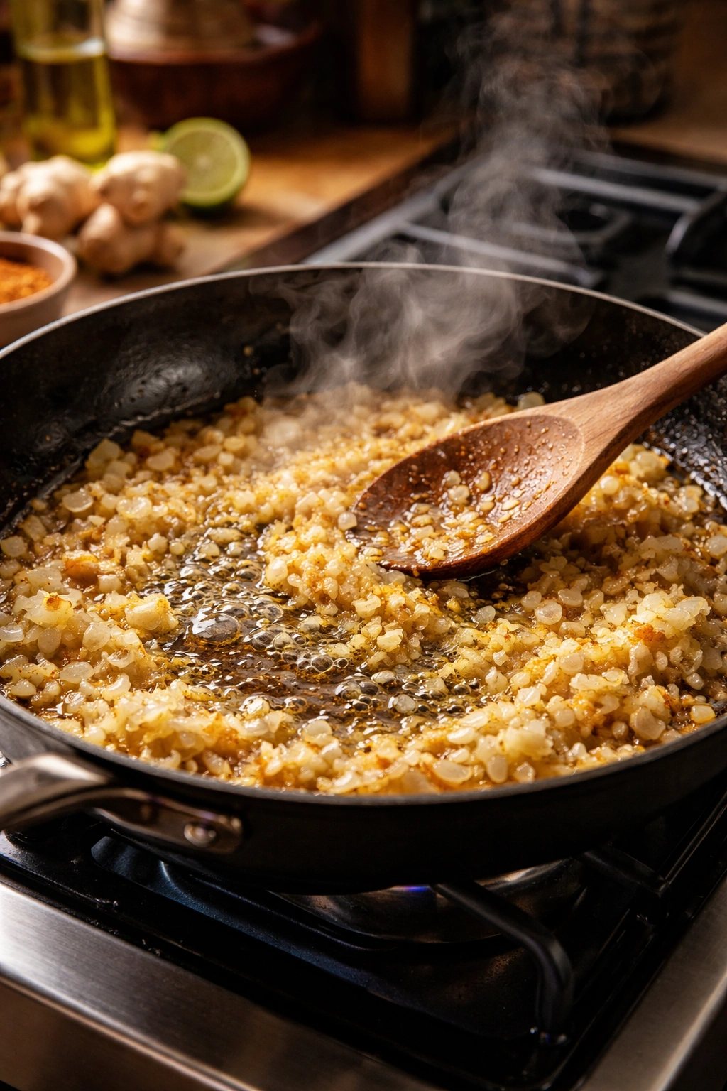 Onions and garlic sizzling in a pan as curry base forms