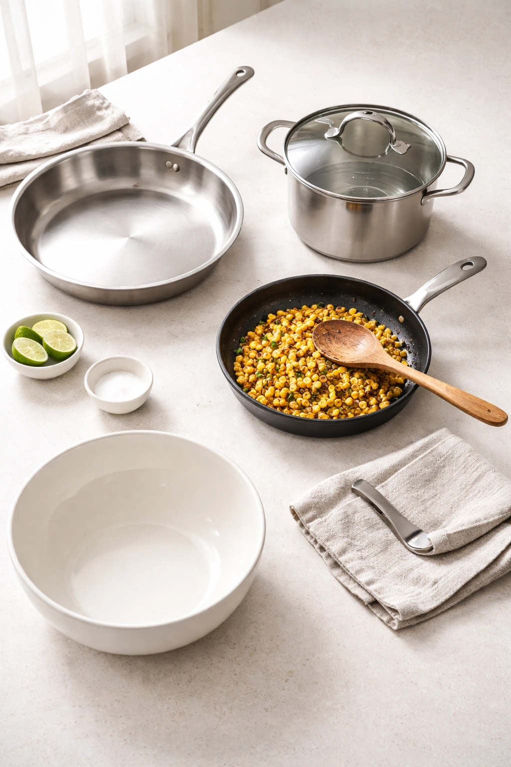 Skillet, pot with lid and saucepan for minimal prep