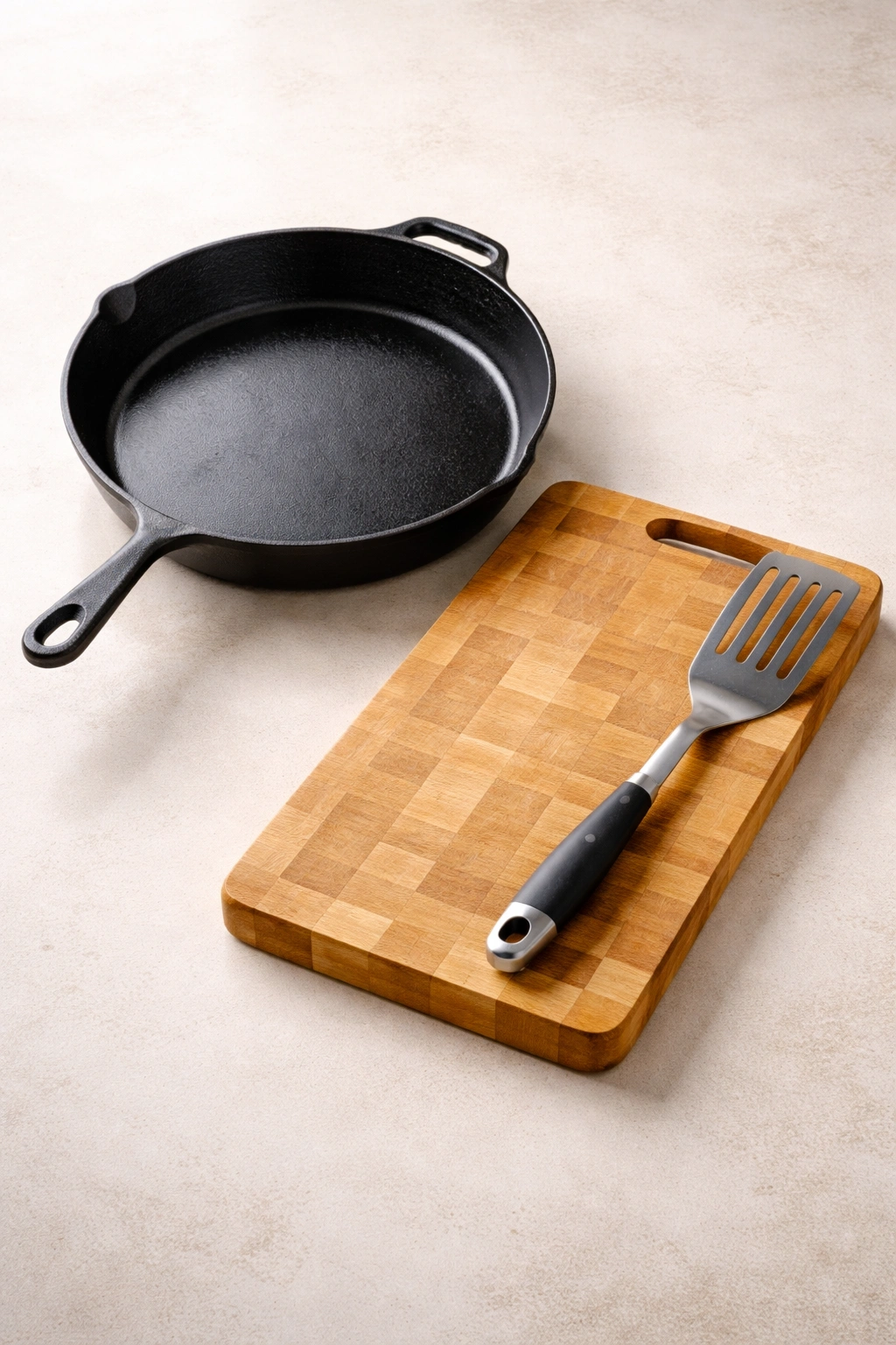 12-inch skillet, spatula, and cutting board neatly arranged