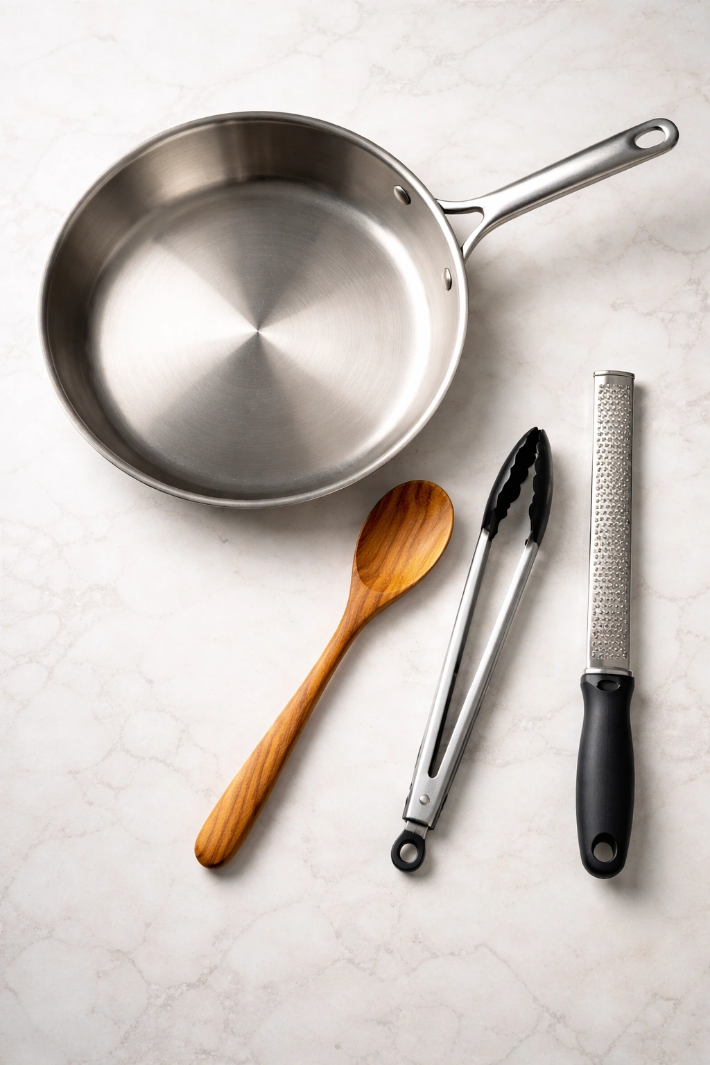 Set of essential shrimp scampi tools including skillet and utensils
