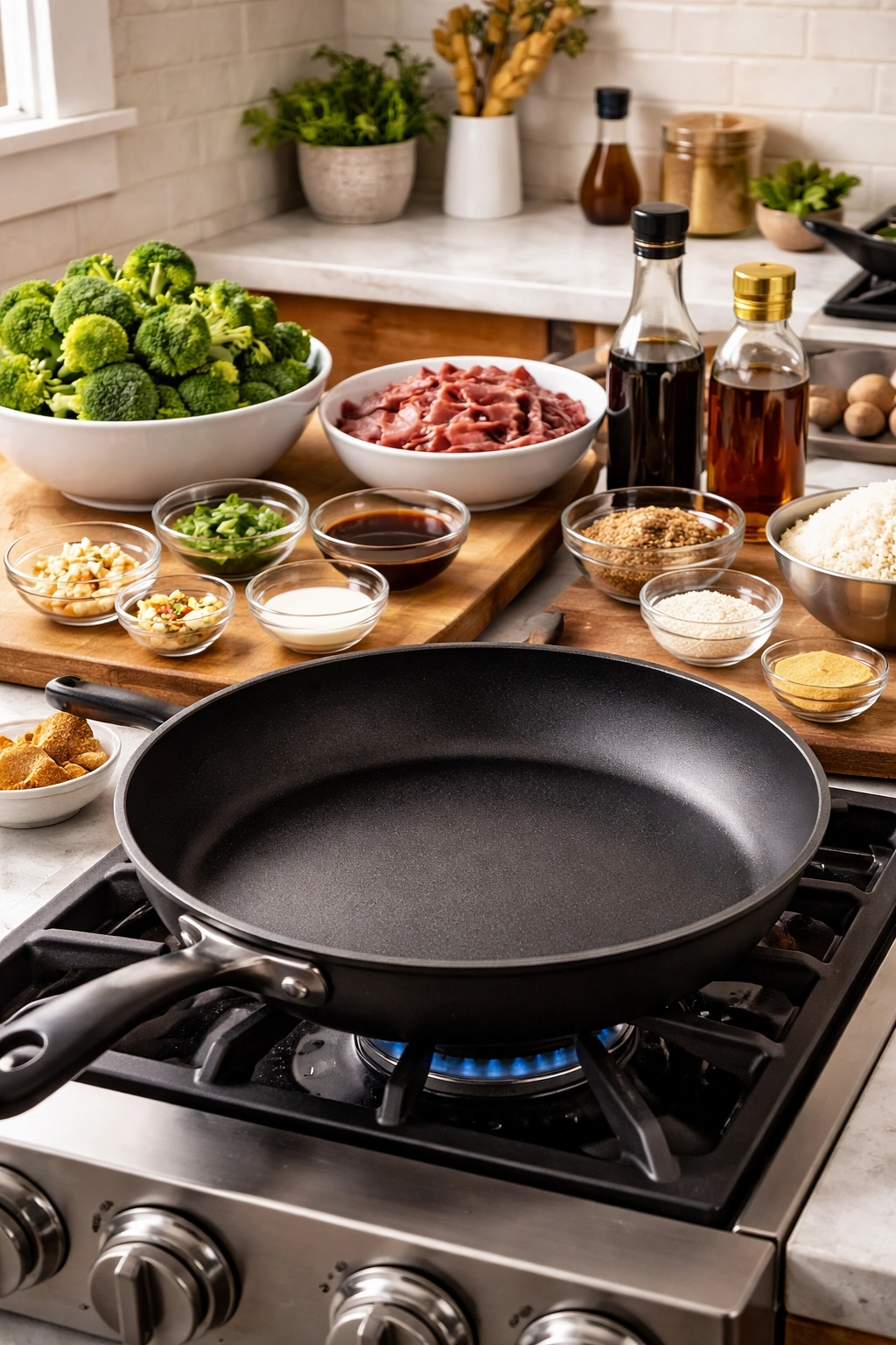 Large skillet on stove in a clean kitchen