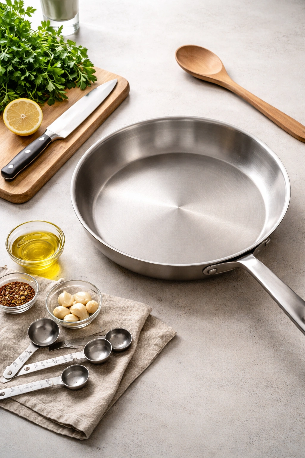 Large skillet with utensils arranged for cooking
