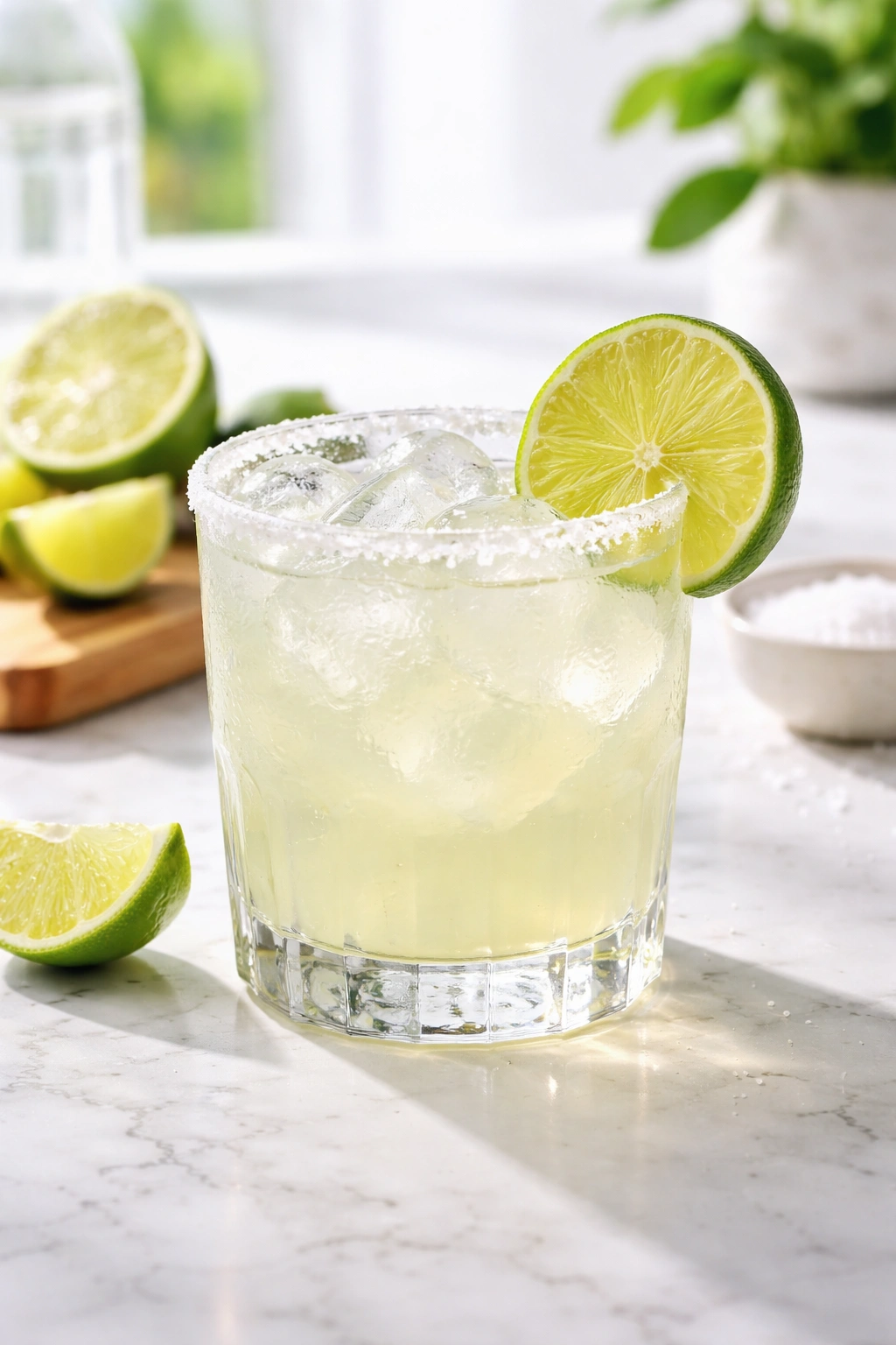 Close-up of a pale green skinny margarita with lime garnish and salted rim
