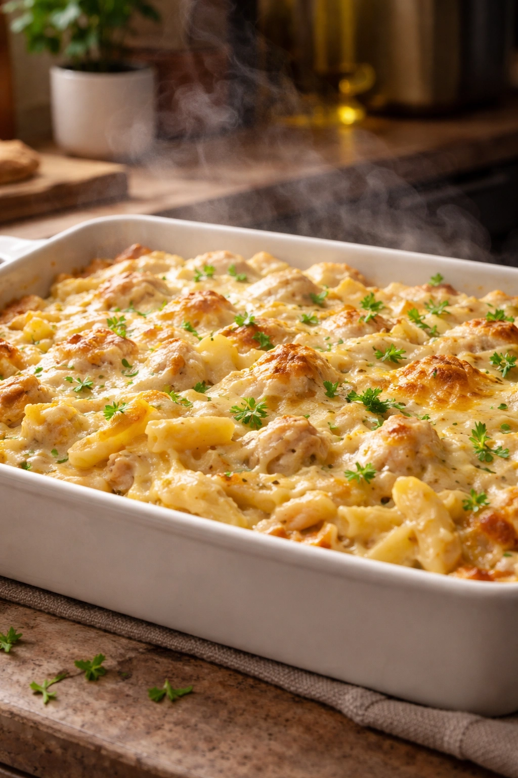 Oven-baked casserole dish with pasta absorbing sauce and a glossy top