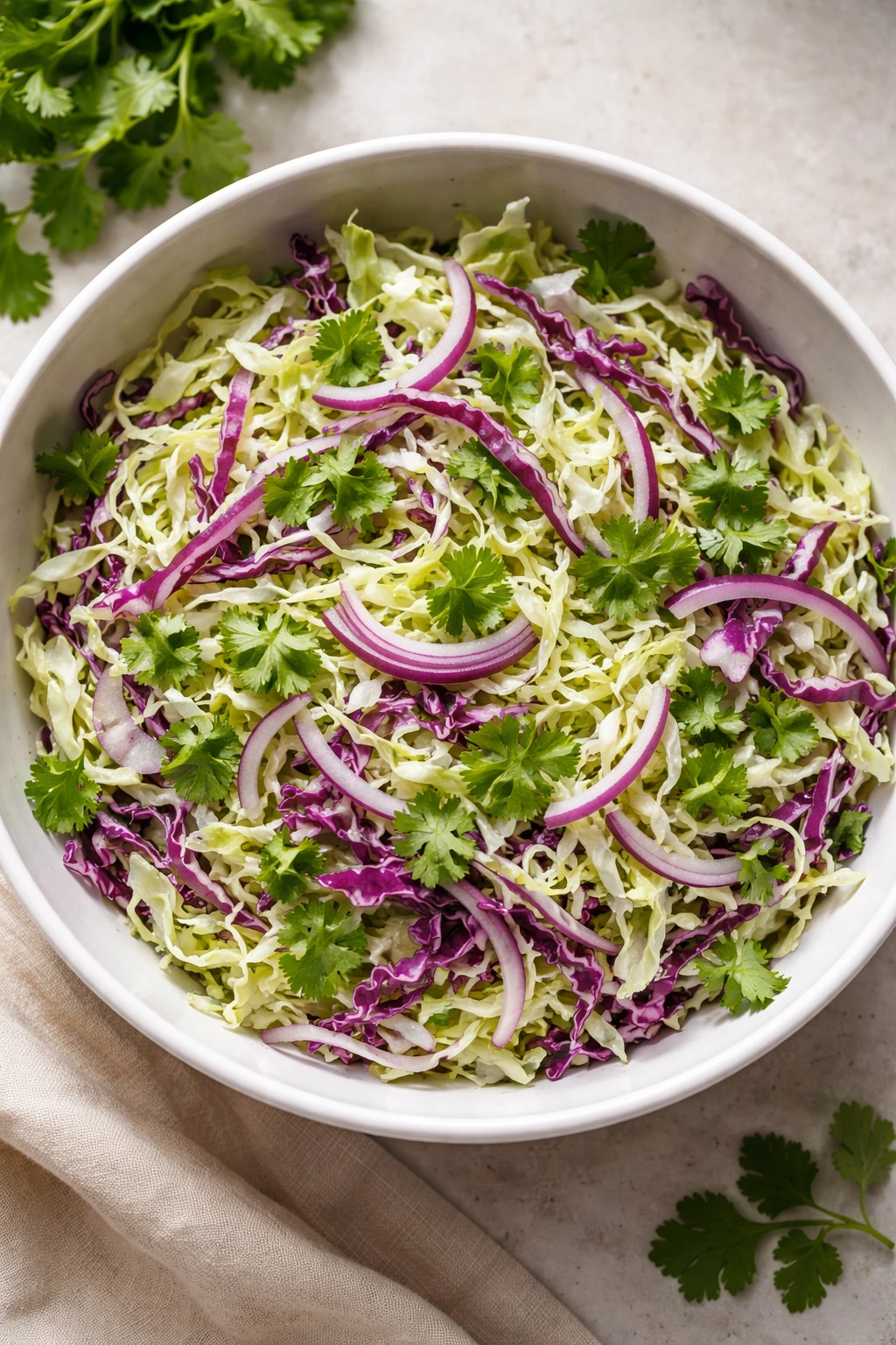 Colorful shredded cabbage slaw with red onion and cilantro