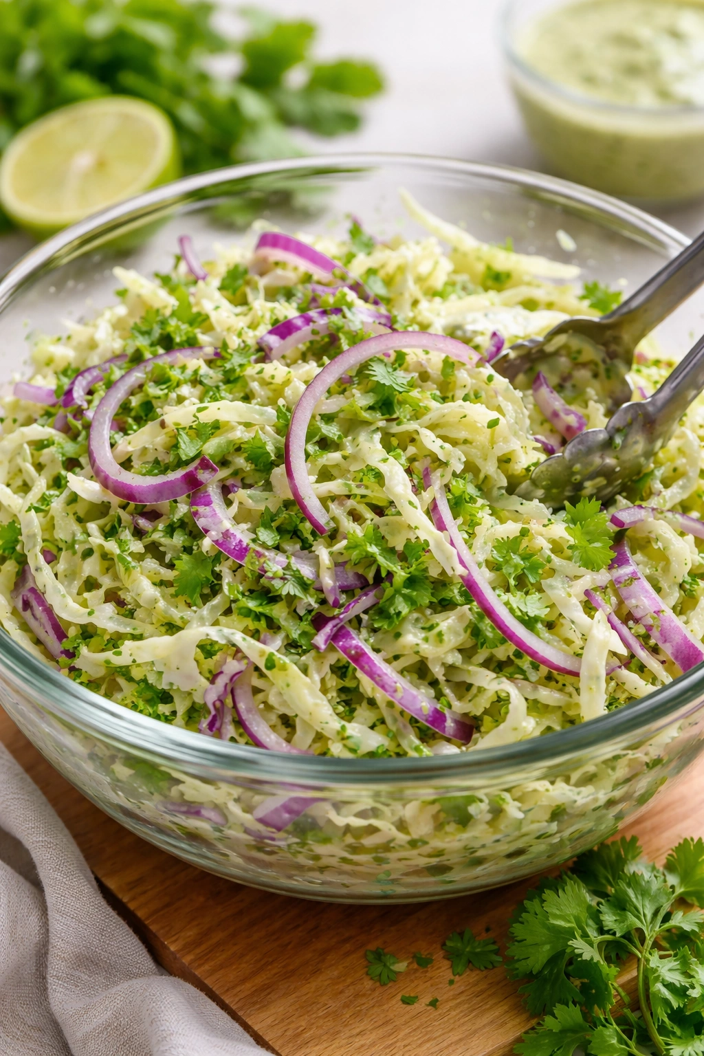 Cabbage slaw with onion and cilantro in a bowl
