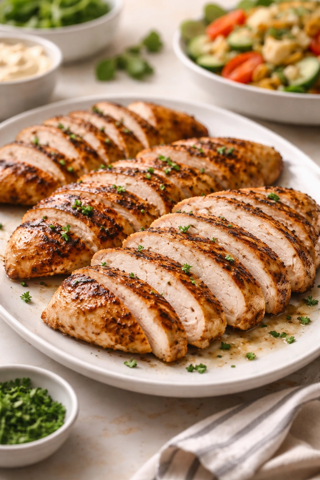 Plate of neatly sliced grilled chicken ready to serve