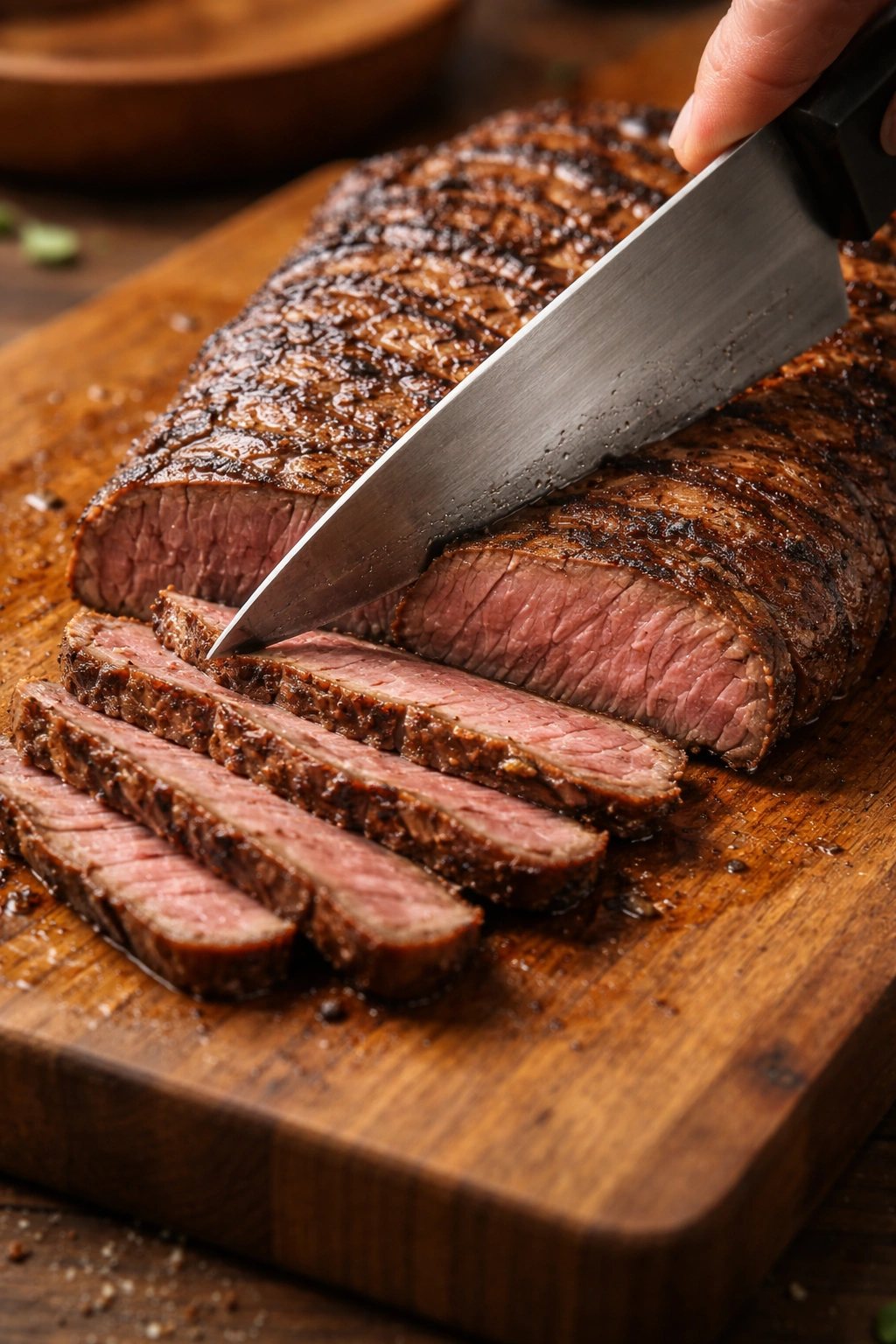 Close-up of beef being sliced across the grain on a cutting board