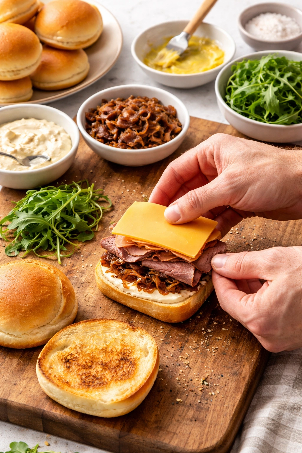 Hands assembling a roast beef slider with horseradish cream, beef, cheddar, onions, and greens on a wooden board.