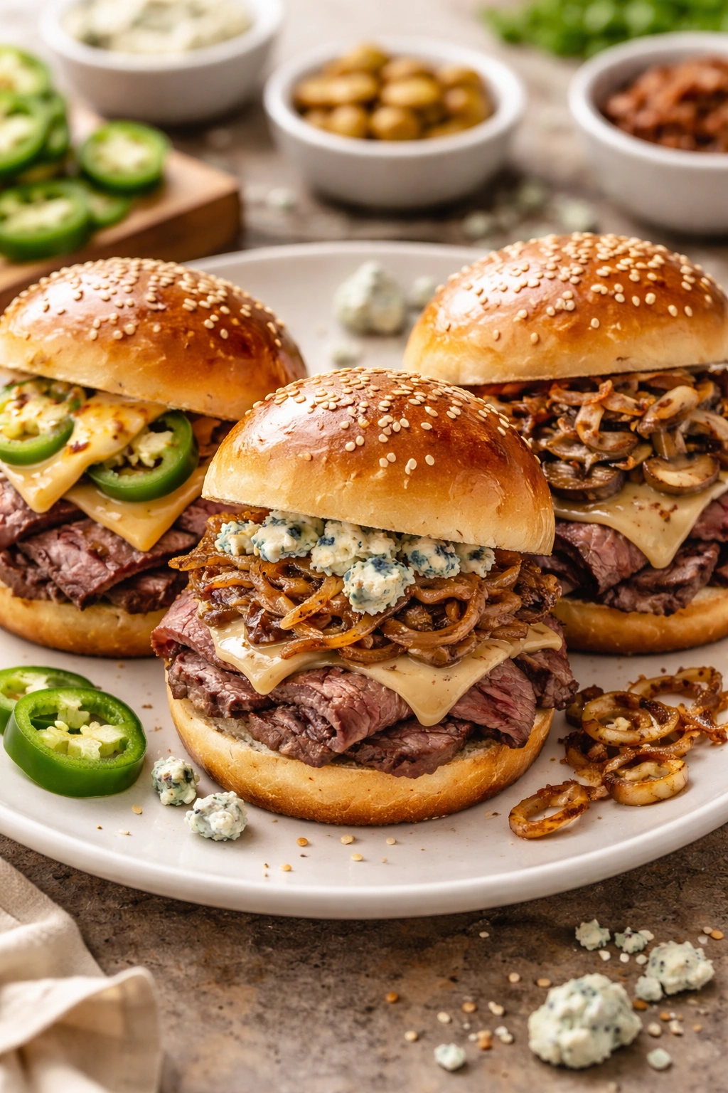Three mini roast beef sliders with varied toppings on a plate.