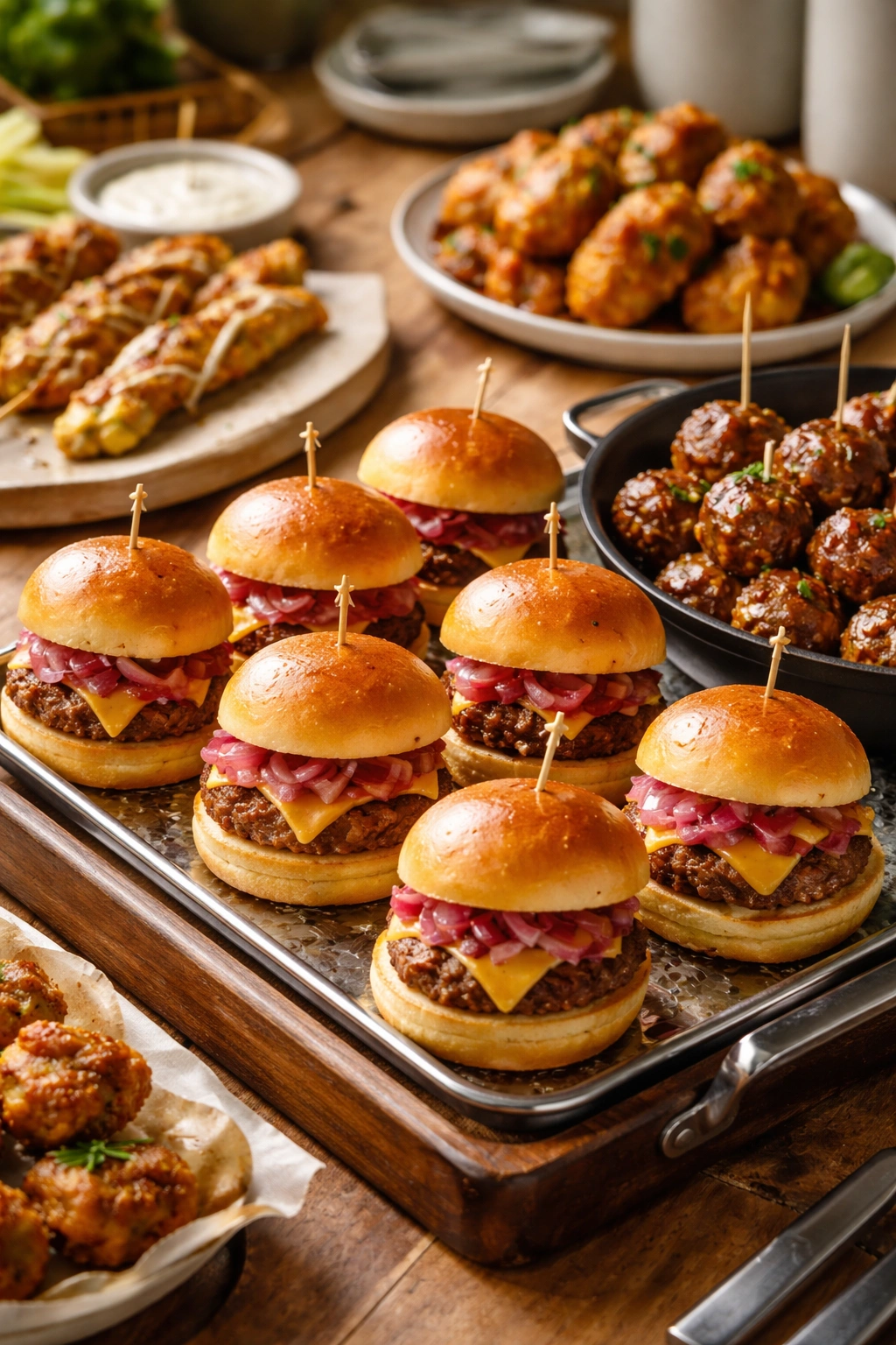 Row of mini beef sliders on brioche buns