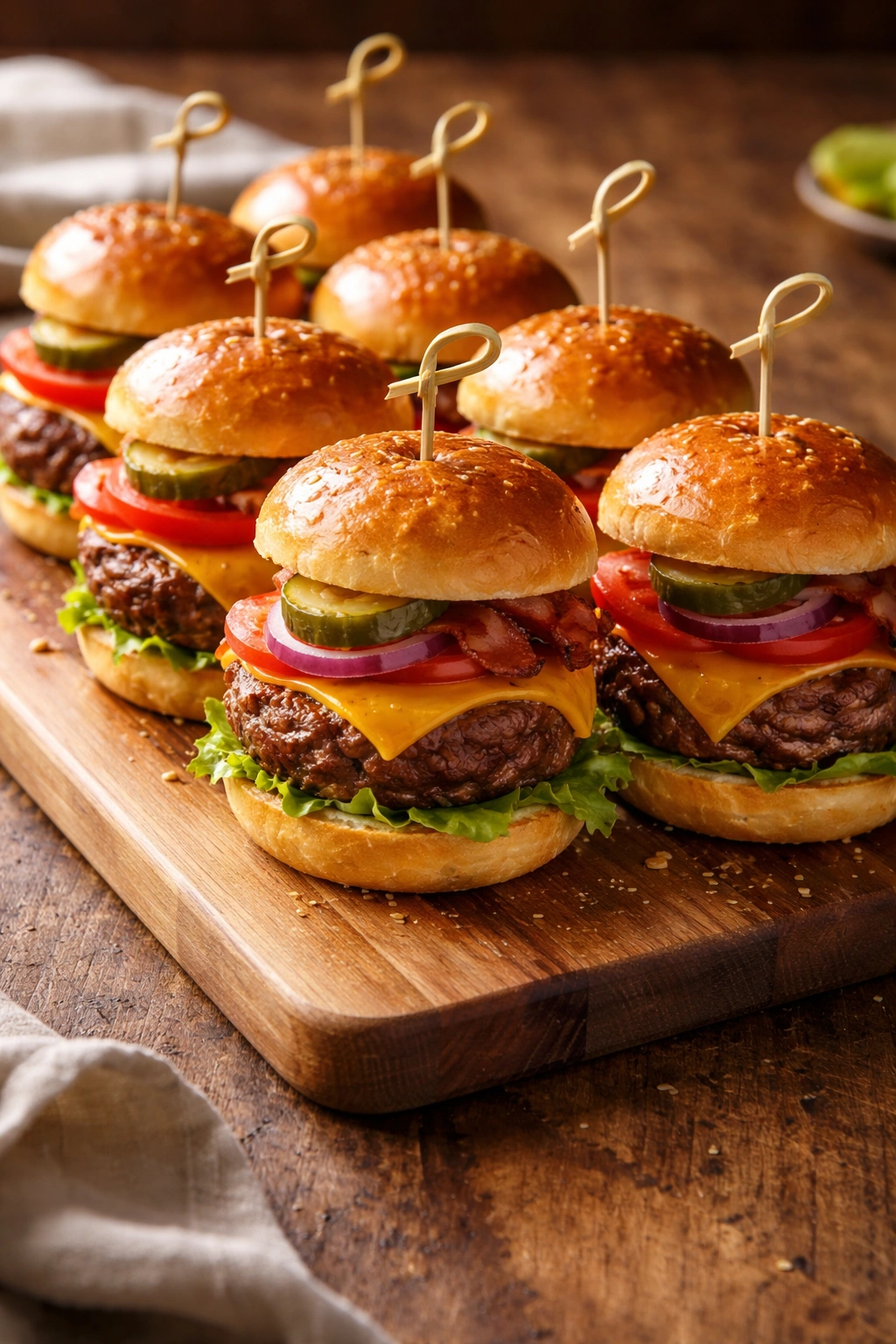 Mini burger sliders arranged on a wooden board