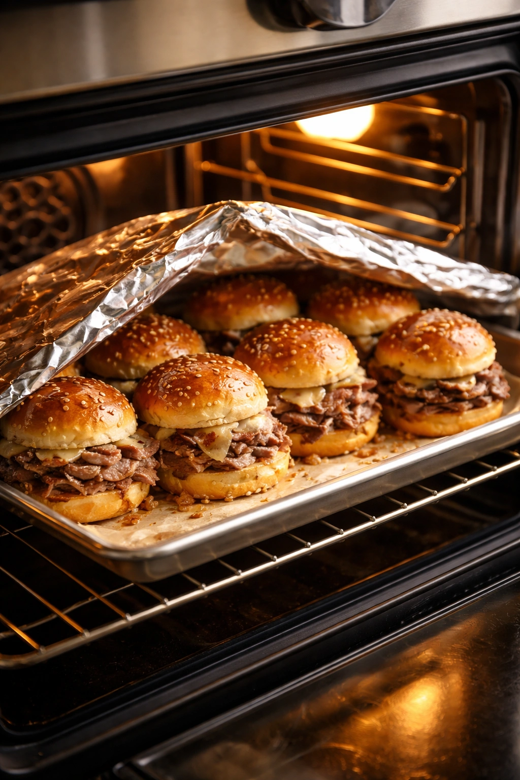 Sliders on a baking sheet being warmed in a warm oven glow.
