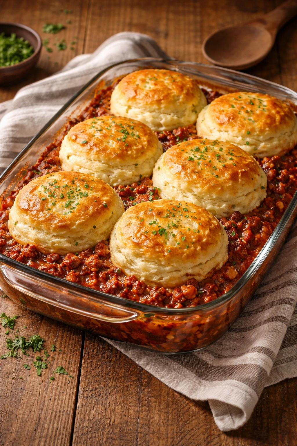 Sloppy Joe casserole with biscuit topping in a baking dish