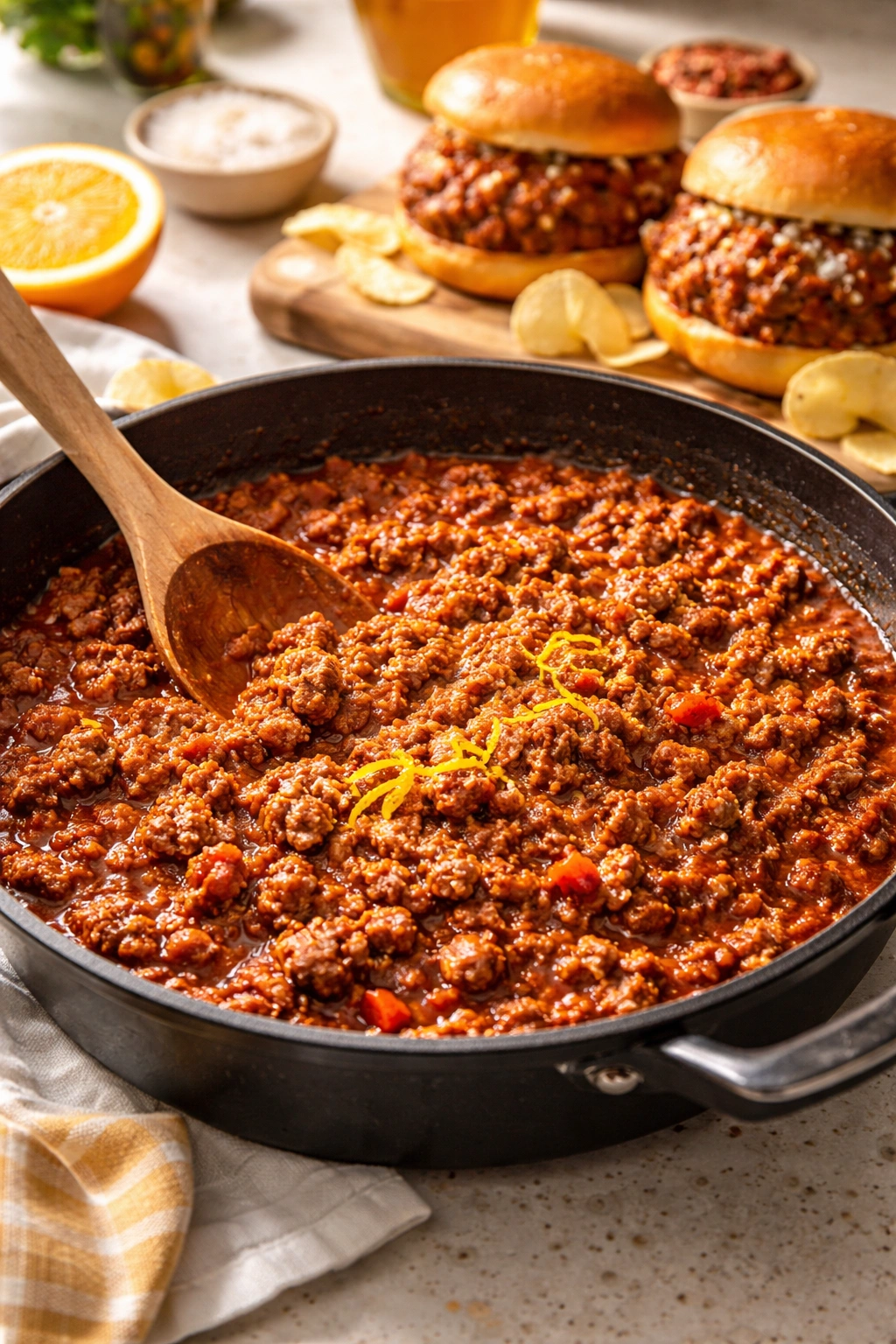 Sloppy joes in a skillet with chunky tomato sauce