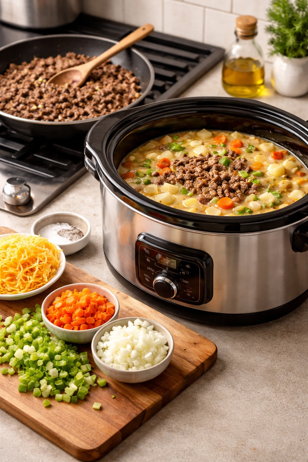 Slow cooker with bubbling soup and a skillet of browned beef nearby.