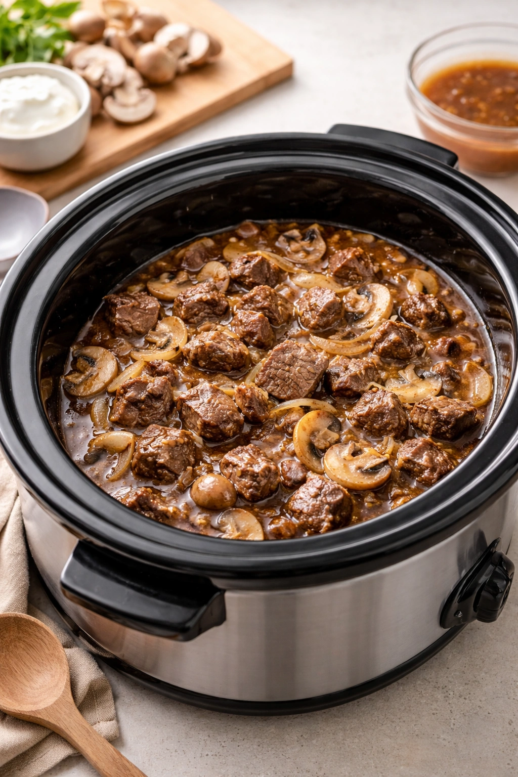 Beef and onions in slow cooker insert